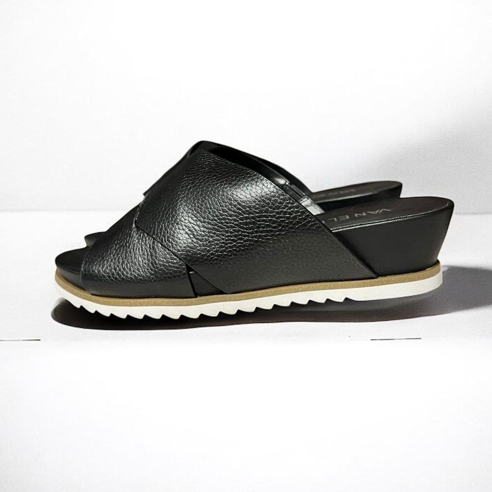 🌻NEW w/box Vaneli Hilde Black Leather Cross Band Low Wedge Slides Size 6W WIDE